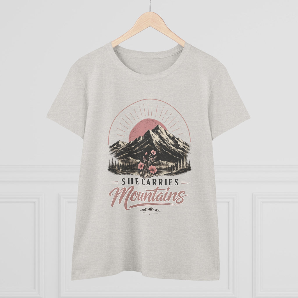 She Carries Mountains Women's Tee — Inspirational Mountain Graphic Shirt