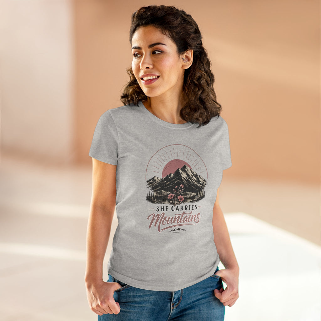 She Carries Mountains Women's Tee — Inspirational Mountain Graphic Shirt