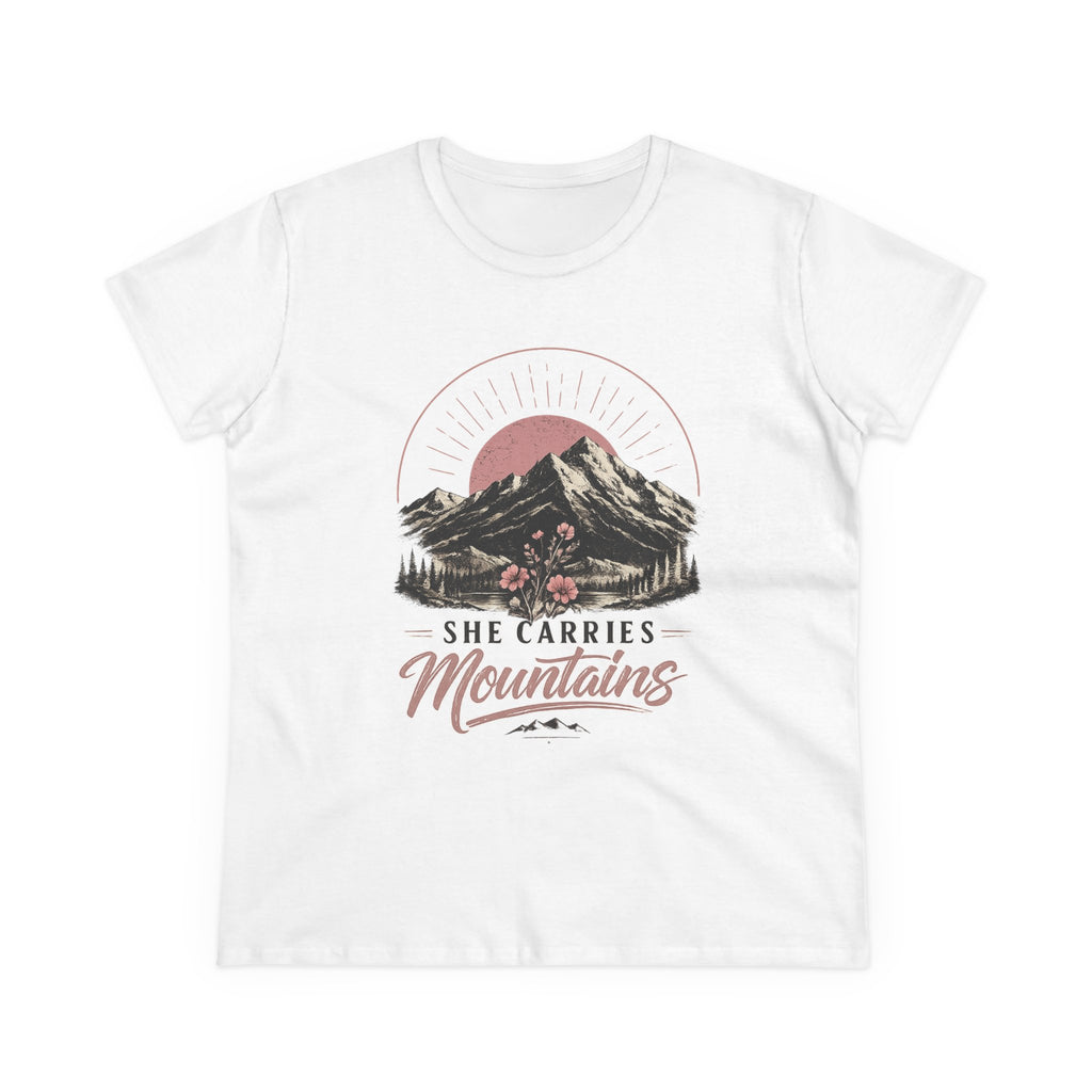 She Carries Mountains Women's Tee — Inspirational Mountain Graphic Shirt