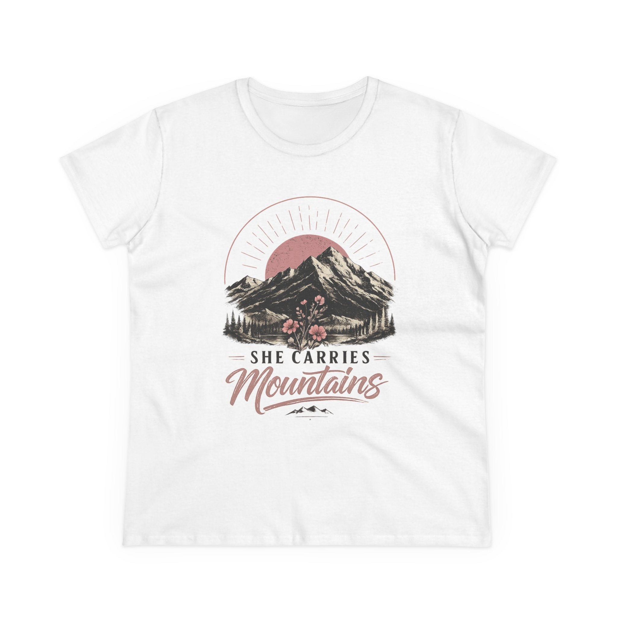 She Carries Mountains Women's Tee — Inspirational Mountain Graphic Shirt
