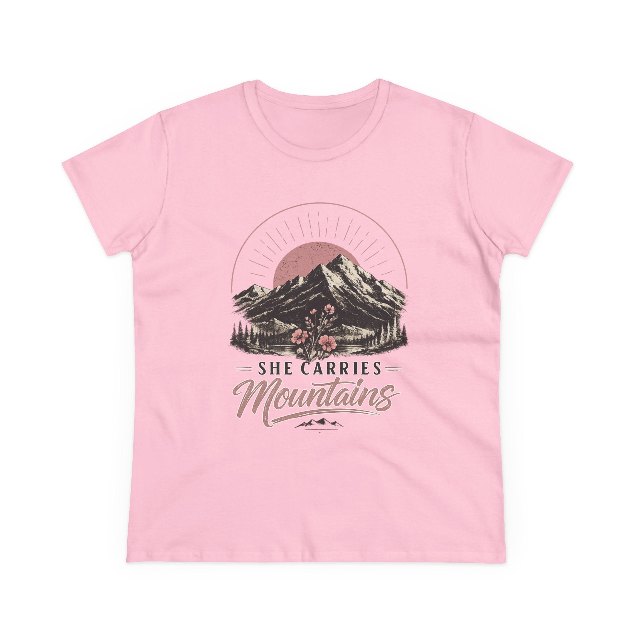 She Carries Mountains Women's Tee — Inspirational Mountain Graphic Shirt