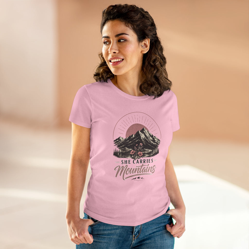 She Carries Mountains Women's Tee — Inspirational Mountain Graphic Shirt
