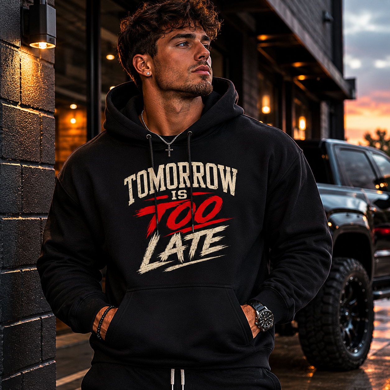 Tomorrow Is Too Late Hoodie — Motivational Graphic Pullover