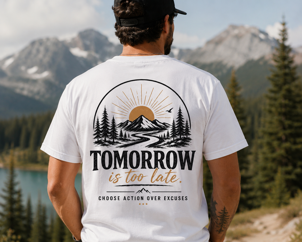 Tomorrow Is Too Late Mountain Tee — Motivational Outdoor T-Shirt