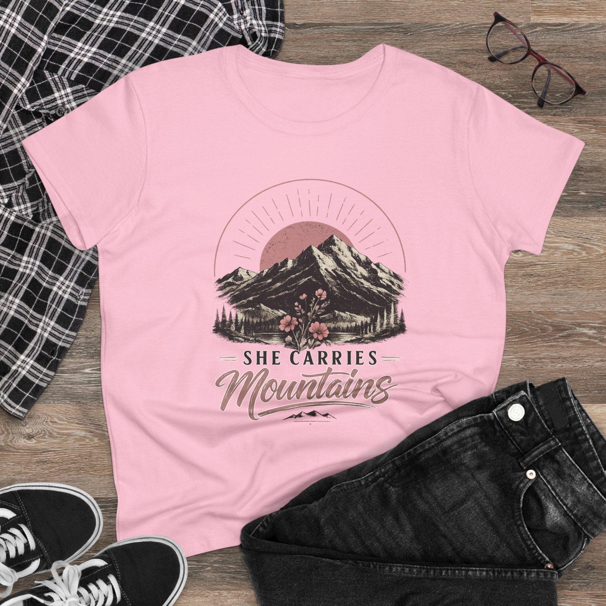She Carries Mountains Women's Tee — Inspirational Mountain Graphic Shirt