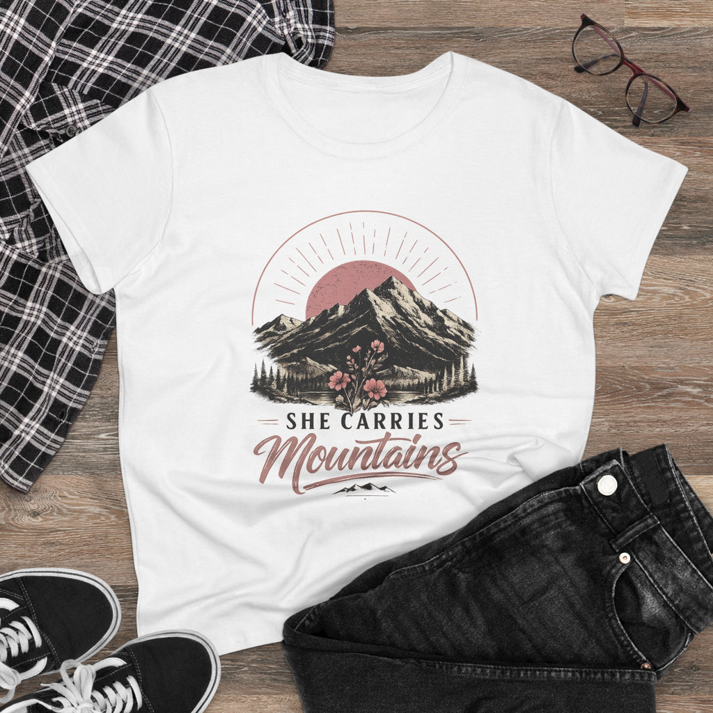 She Carries Mountains Women's Tee — Inspirational Mountain Graphic Shirt