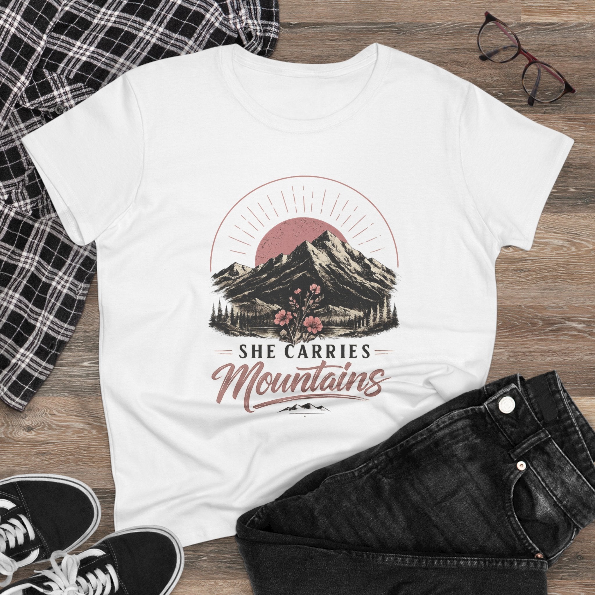 She Carries Mountains Women's Tee — Inspirational Mountain Graphic Shirt