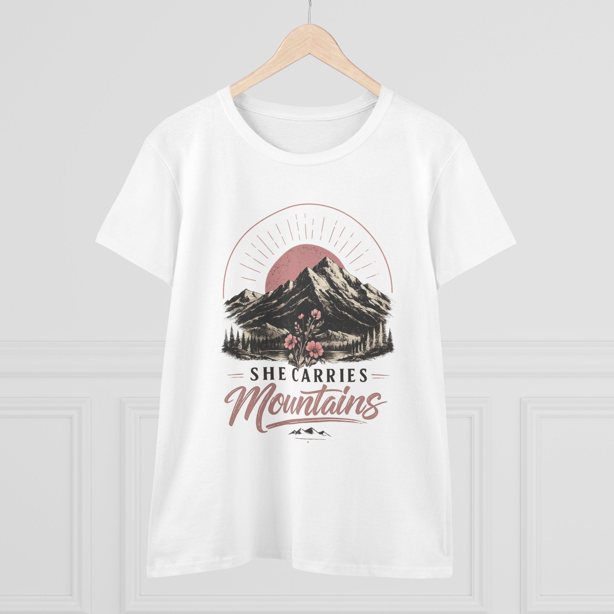 She Carries Mountains Women's Tee — Inspirational Mountain Graphic Shirt