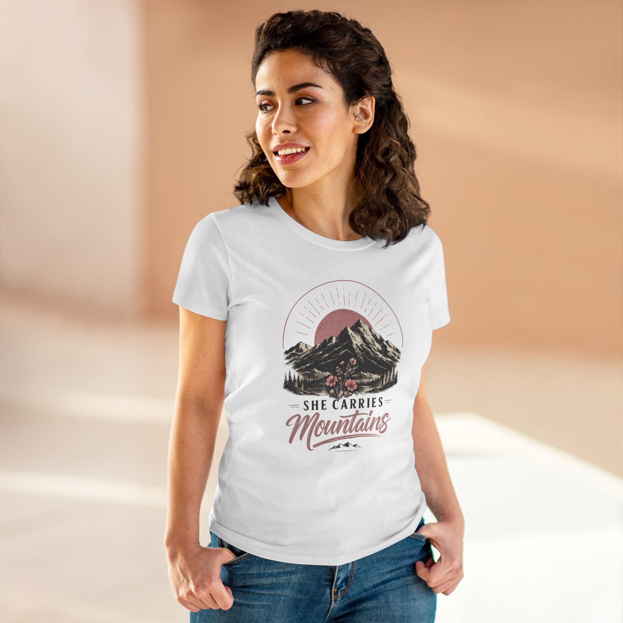 She Carries Mountains Women's Tee — Inspirational Mountain Graphic Shirt