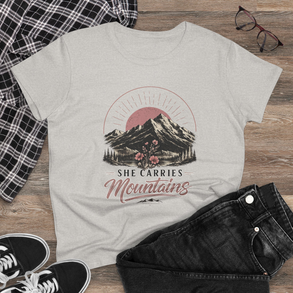 She Carries Mountains Women's Tee — Inspirational Mountain Graphic Shirt