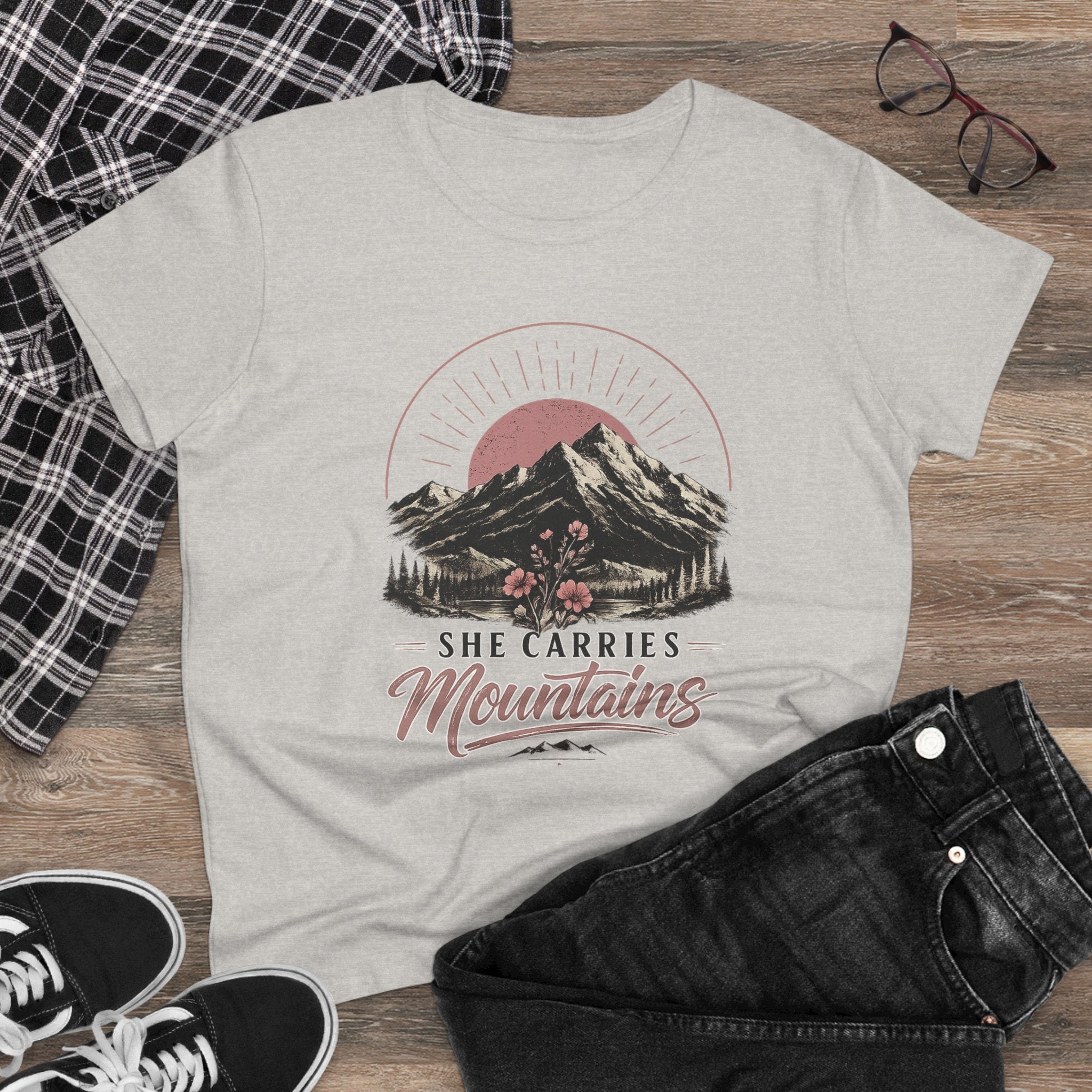 She Carries Mountains Women's Tee — Inspirational Mountain Graphic Shirt